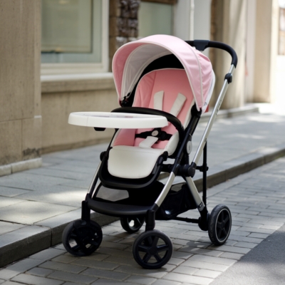 A stylish pink baby stroller with a detachable snack tray and a five-point safety harness, parked on a cobblestone sidewalk in an urban setting. The stroller features a sun canopy and padded seat for comfort.