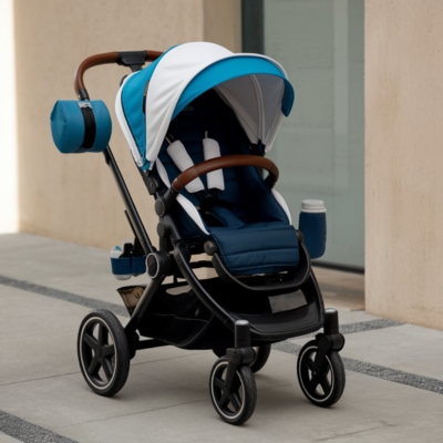 A stylish blue and white baby stroller with multiple accessories, including a cup holder, side storage pouch, and under-seat basket, parked on a clean urban sidewalk near a modern beige building. The stroller's padded seat and adjustable sun canopy provide extra comfort for the child.