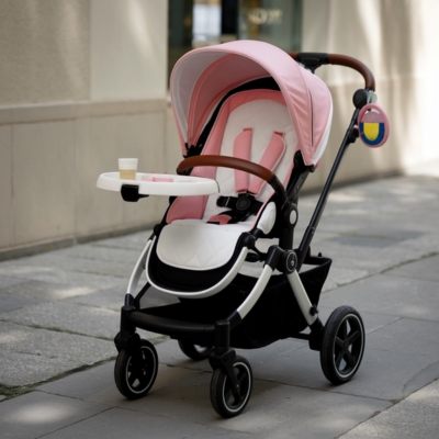 A modern pink and white baby stroller equipped with a detachable snack tray, cup holder, and a hanging toy, parked on a paved sidewalk near a beige building. The stroller's cushioned seat and adjustable canopy provide comfort and shade for the baby.