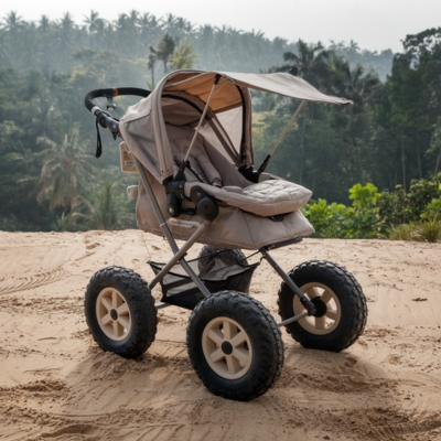 Beige all-terrain stroller with large, sturdy wheels designed for sandy terrain, set against a lush tropical backdrop.