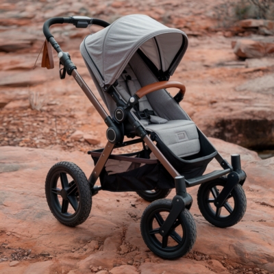 Stylish gray all-terrain stroller with a sleek canopy, leather-accented handle, and rugged wheels, perfect for outdoor use on rocky paths and uneven terrain.