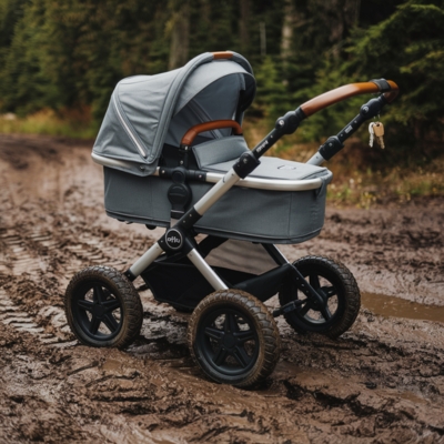 Durable gray all-terrain stroller with a bassinet attachment, leather-accented handle, and sturdy wheels, designed to navigate muddy trails in a forest setting.