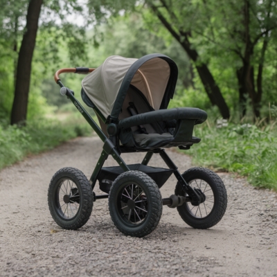 Versatile all-terrain stroller with a beige canopy, cushioned seat, and thick treaded wheels, perfect for gravel paths and wooded trails.