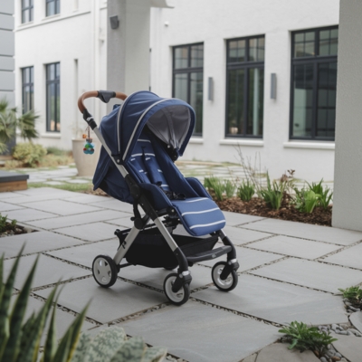 Stylish blue stroller with a compact frame and adjustable canopy, set in a modern courtyard, ideal for families exploring urban spaces.