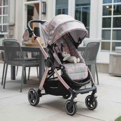 Chic pink-patterned stroller with a cushioned seat and canopy, featuring a plush toy accessory, set on a stylish patio for a family-friendly vibe.