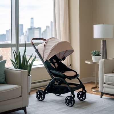 Stylish compact stroller with a beige canopy and sleek design, placed in a modern apartment with a city skyline view.