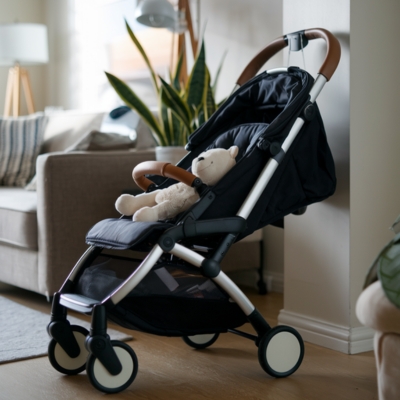 Compact black stroller with a leather-accented handle, featuring a plush toy accessory, perfectly suited for small spaces and urban living.