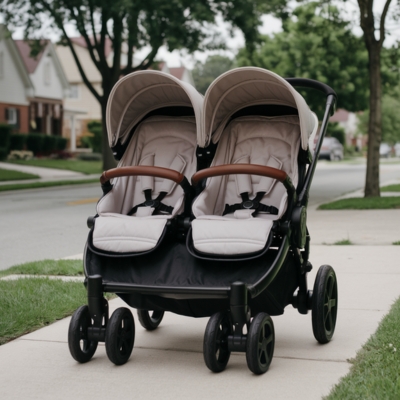 Side-by-side double stroller with beige seats and leather-accented handles, designed for siblings or twins, ideal for neighborhood walks.