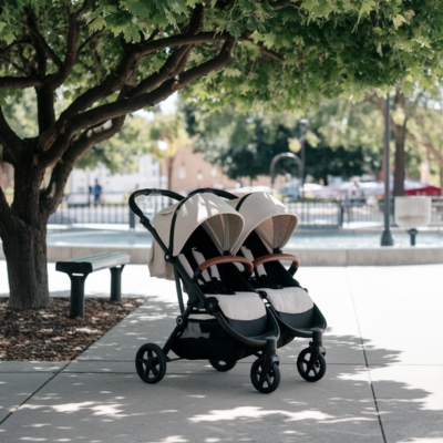 Double stroller with beige canopies and leather-accented handles, positioned in a park under a shady tree, perfect for families with twins or siblings.