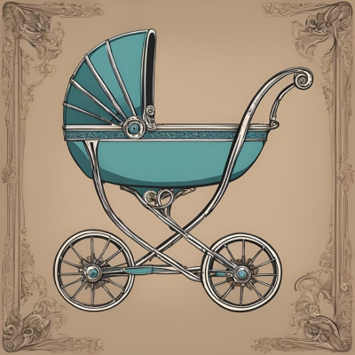 Ornate vintage baby stroller in teal with intricate detailing and decorative wheels, set against an elegant antique-style background.