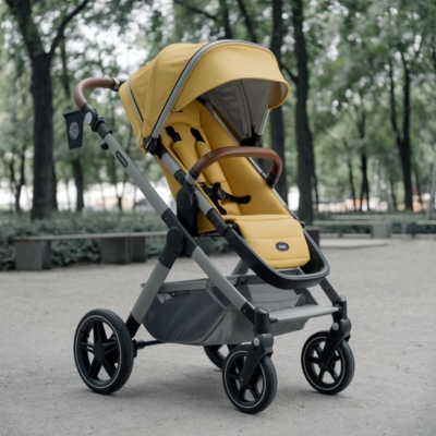 Modern yellow baby stroller with a sleek design, featuring a sturdy frame, adjustable canopy, and leather-accented handles, set in a park environment.