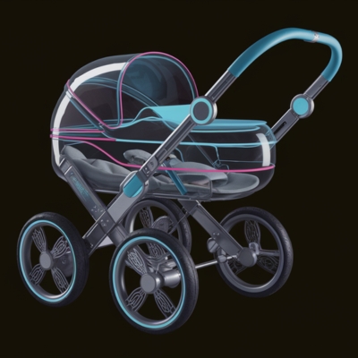 Futuristic baby stroller with a transparent bassinet, sleek teal and pink accents, and advanced wheel design, showcasing a modern innovation in stroller technology.