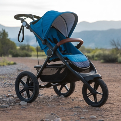 Blue jogging stroller with a sturdy three-wheel design, leather-accented handle, and ample suspension, perfect for outdoor trails and active parents.