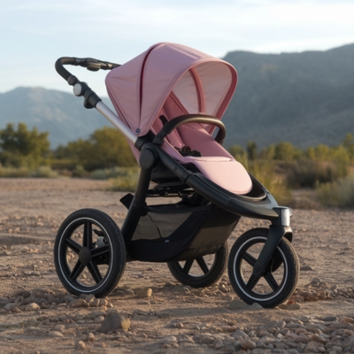 Pink jogging stroller with a robust three-wheel design and adjustable canopy, ideal for parents seeking comfort and stability on rugged paths.