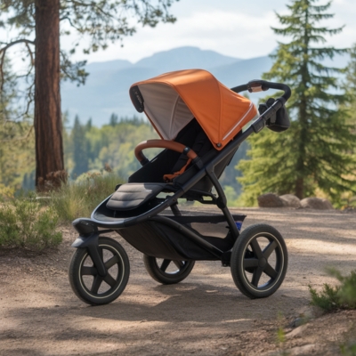 Bright orange jogging stroller with a three-wheel configuration and a lightweight frame, designed for trail runs and outdoor adventures.