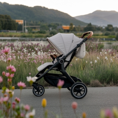 Sleek white jogging stroller with a three-wheel design, set on a scenic pathway surrounded by blooming wildflowers, perfect for active parents.