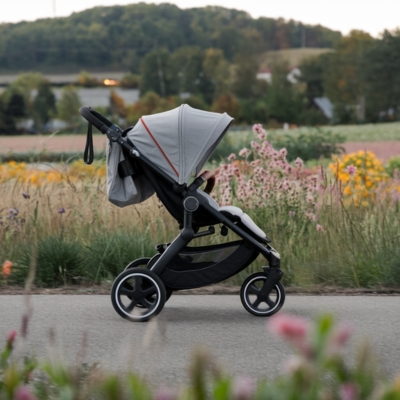 Gray jogging stroller with a streamlined design and three-wheel configuration, positioned on a countryside path surrounded by vibrant wildflowers.