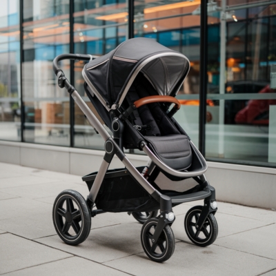 Sleek black stroller with a modern frame and leather-accented handle, perfect for busy parents navigating city streets and urban settings.