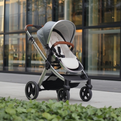 Modern gray stroller with a sleek frame, leather-accented handle, and comfortable seating, perfect for lifestyle-focused parents in urban areas.