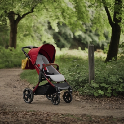 A red and gray stroller with sturdy wheels is parked on a scenic dirt trail surrounded by lush green trees, showcasing its adaptability for outdoor adventures and maximizing stroller use.