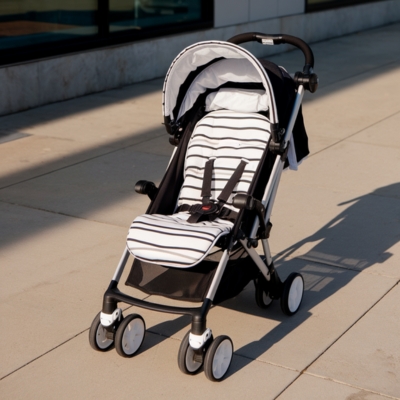 A black and white striped lightweight stroller is positioned on a sunlit sidewalk, designed for portability and easy travel.