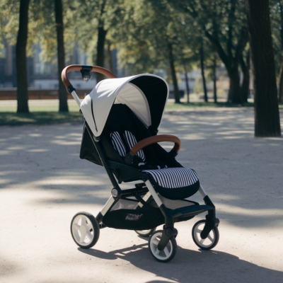 A modern black and white baby stroller with a reclining seat and cushioned support, designed for newborns, parked in a peaceful park setting with trees casting soft shadows.