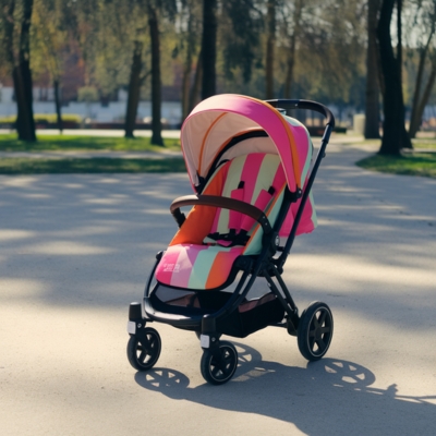 A vibrant pink and orange baby stroller with a sun canopy, designed for newborn comfort, positioned on a sunlit park pathway surrounded by trees.