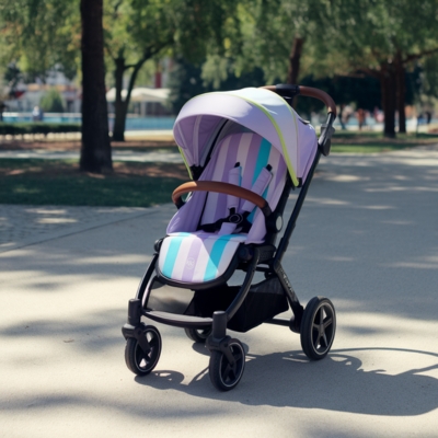 A modern lavender and blue striped baby stroller with a sun canopy, placed on a paved pathway in a scenic park with green trees and a water feature in the background.