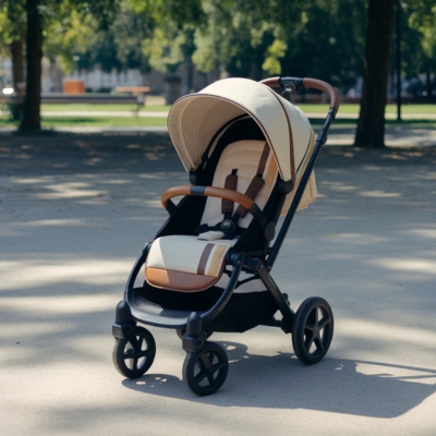 A stylish beige and brown baby stroller with a sun canopy and cushioned seat, positioned on a shaded park pathway with green trees and open space in the background.