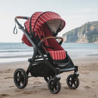 A stylish red single stroller with a striped canopy parked on a sandy beach, with ocean waves and cliffs in the background. Designed for both comfort and durability, perfect for outdoor adventures.