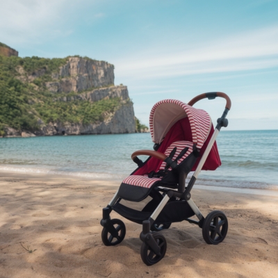 A red and white striped single stroller parked on a sandy beach with clear blue skies, ocean waves, and a rocky cliff in the background. Ideal for parents who love coastal outings with their little one.