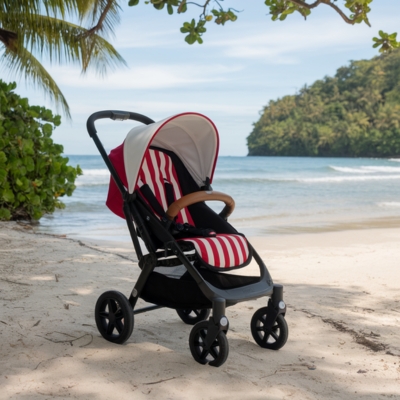 A red and white striped single stroller on a tropical beach, shaded by palm trees, with calm ocean waves and lush greenery in the background. Perfect for parents who love outdoor adventures in paradise.