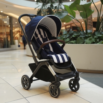 Navy blue and white striped baby stroller with a sleek black frame and brown handlebar, parked in a shopping mall near lush greenery, designed for different weight capacities and age suitability.