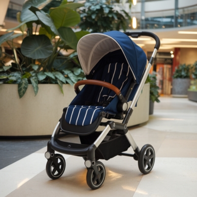 Navy blue baby stroller with white striped padding, a sturdy black frame, and a brown handlebar, placed in a modern shopping mall near lush greenery, designed for different weight limits and age suitability.