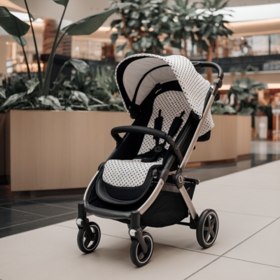 Modern baby stroller with a black and white polka dot design parked inside a shopping mall, surrounded by greenery and stylish architecture.