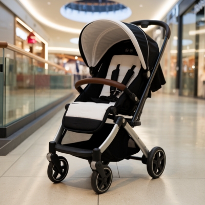 Sleek black and white baby stroller positioned in a well-lit shopping mall corridor, reflecting a modern and stylish design.