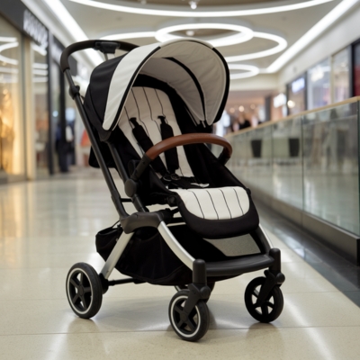 Black and white baby stroller with a brown handlebar parked in a well-lit shopping mall, featuring a modern design and sturdy wheels for stability and safety.