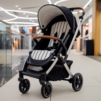 Modern black and white baby stroller with a brown handlebar positioned in a shopping mall, featuring a sleek aluminum frame, padded seat, and secure harness for enhanced child safety.