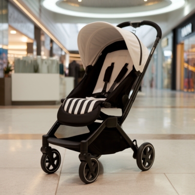 Compact black and white baby stroller with a striped footrest and adjustable canopy, parked in a shopping mall, designed for comfort, maneuverability, and child safety.