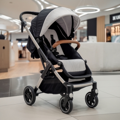 Stylish black and white baby stroller with a striped canopy and cushioned seat, featuring a sturdy aluminum frame and brown leather handlebar, positioned in a shopping mall for a modern and safe strolling experience.