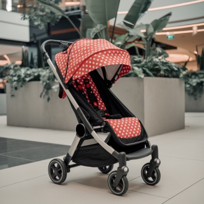 Red and white polka dot baby stroller with a modern black frame, parked in a stylish shopping mall near indoor greenery, designed for compact storage and easy maneuverability in small spaces.