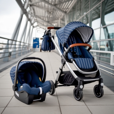 Navy blue travel system stroller with white stripes, featuring a matching infant car seat, positioned on a modern airport walkway, designed for seamless travel and convenience for parents on the go.