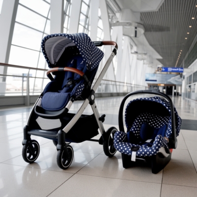 Navy blue travel system stroller with a white polka dot canopy and matching infant car seat, positioned in a spacious airport terminal, offering a stylish and practical solution for traveling parents.