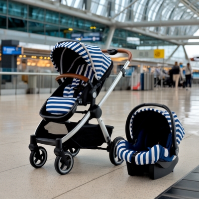 Navy blue and white striped travel system stroller with a matching infant car seat, placed in a busy airport terminal, designed for convenient and stylish family travel.