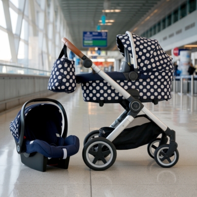 Navy blue travel system stroller with a white polka dot bassinet attachment, matching diaper bag, and infant car seat, positioned in an airport terminal for ultimate convenience and versatility in family travel.