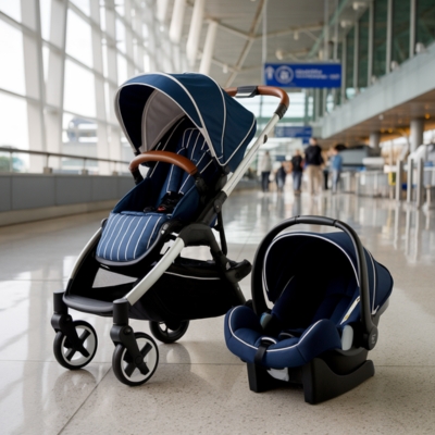 Navy blue travel system stroller with white stripes and a matching infant car seat, placed in a bright airport terminal, designed for seamless transitions between strolling and car travel for busy parents.