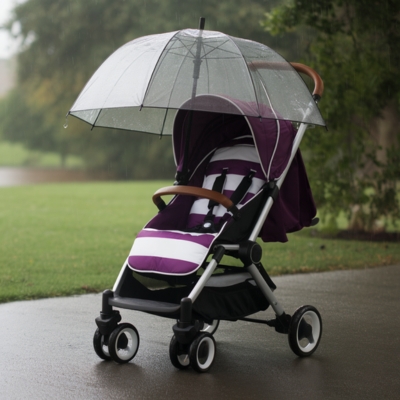 Purple and white baby stroller with a clear rain cover umbrella, parked on a wet pathway in a lush park, ensuring protection from rain and wind for infants and toddlers.