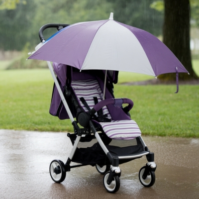 Purple and white striped baby stroller with a large matching umbrella cover, parked on a rainy park pathway, designed to keep infants dry and comfortable in wet weather conditions.