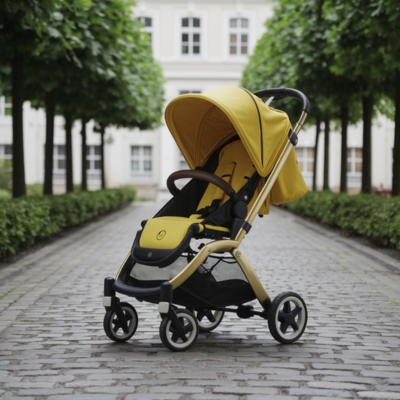 Stylish yellow travel stroller with a sleek design, lightweight frame, and adjustable canopy, perfect for navigating city streets and parks.