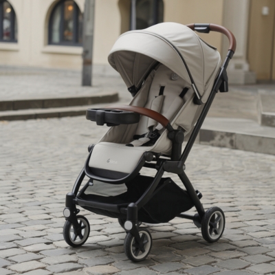 Elegant beige travel stroller with a leather-accented handle, cup holder attachment, and compact frame, ideal for city travel and cobblestone paths.